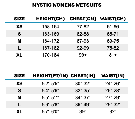 2025 Mystic Womens Wetsuits 2 0 Størrelsesskema